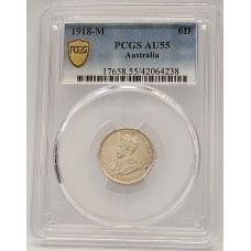 AUSTRALIA 1918 . SIXPENCE . PCGS AU55